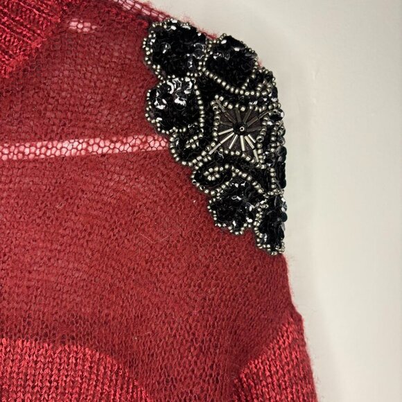 SELECTION NEW Mock Neck Sweater Womens M Red Metallic Knit Applique Beads Sheer - Picture 4 of 7